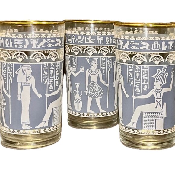 Jeanette Jasperware Corinthian Blue Set of 3 Tumblers 12oz Gilt Rim 22k Vintage - Picture 4 of 7